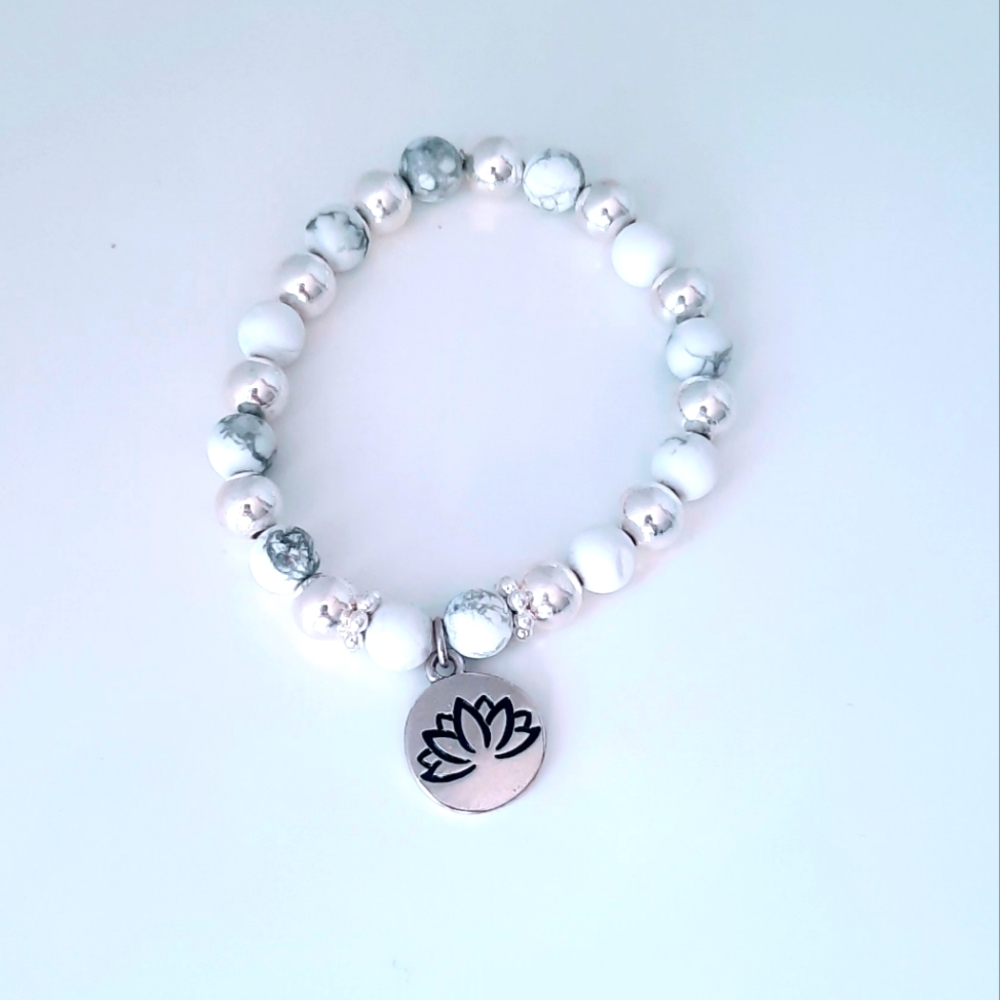 White Howlite crystal bracelet handmade in Canada  lotus flower charm